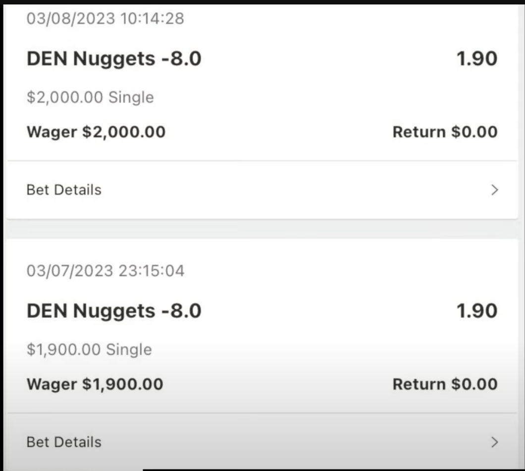 The losing $4,000 Denver Nuggets bet record, two slips at $2,000 and $1,900