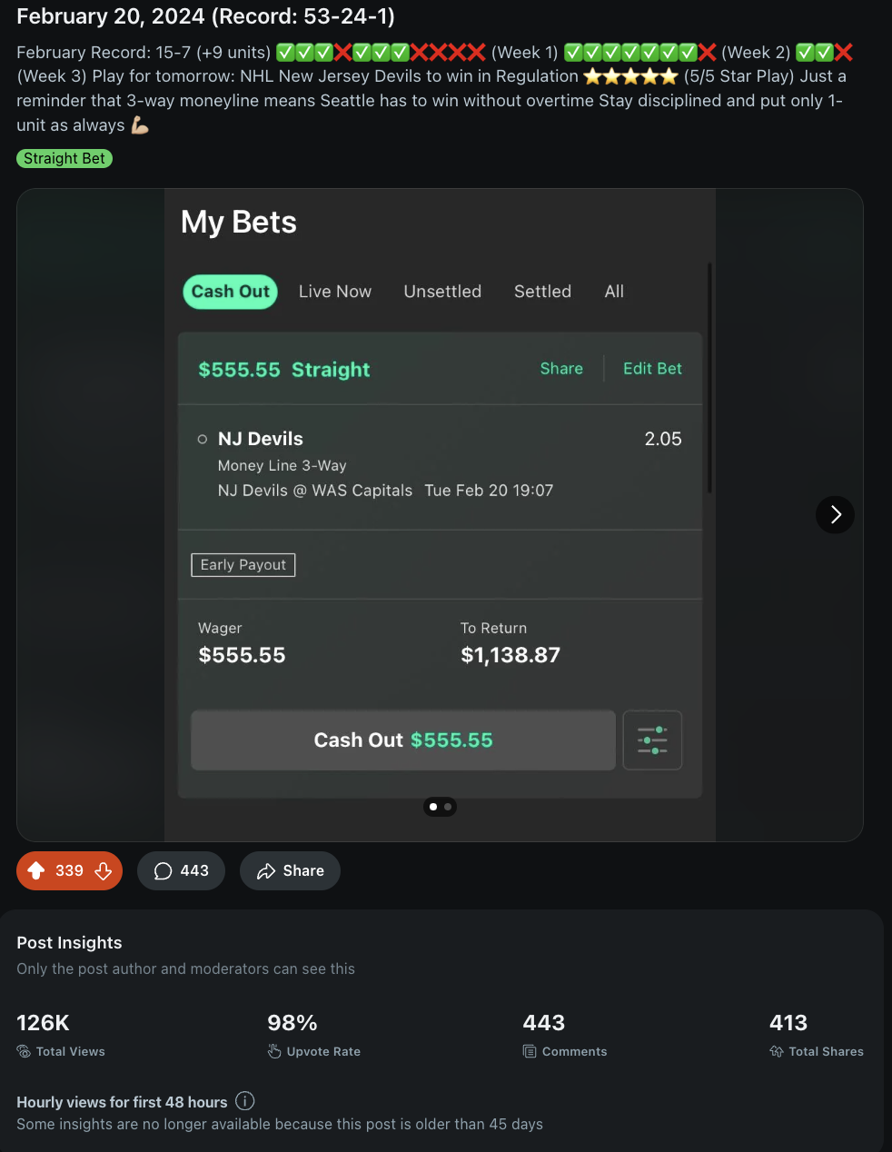 A $555 Kraken bet cashed early for $1,277.76