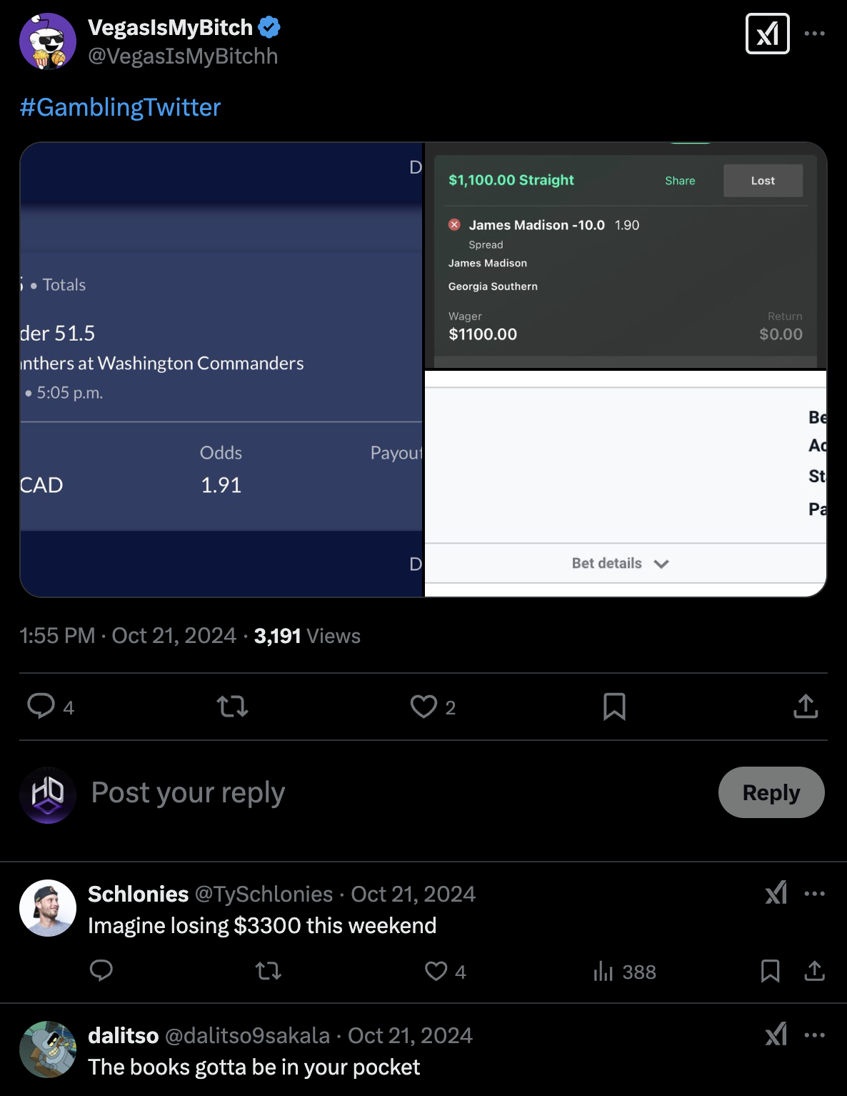 An October 21, 2024 losing slip post with a reply reading Imagine losing $3300 this weekend