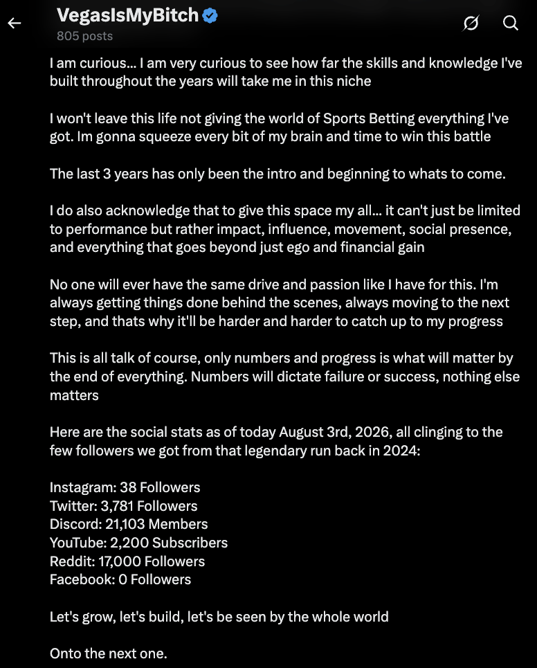 An August 3, 2026 tweet reflecting on the journey so far, plus social stats, the week Pro Bettors Academy launched