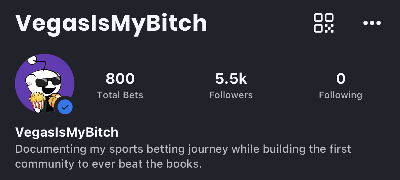 The verified VegasIsMyBitch profile on Action Network, 5.5k followers, 800 total bets