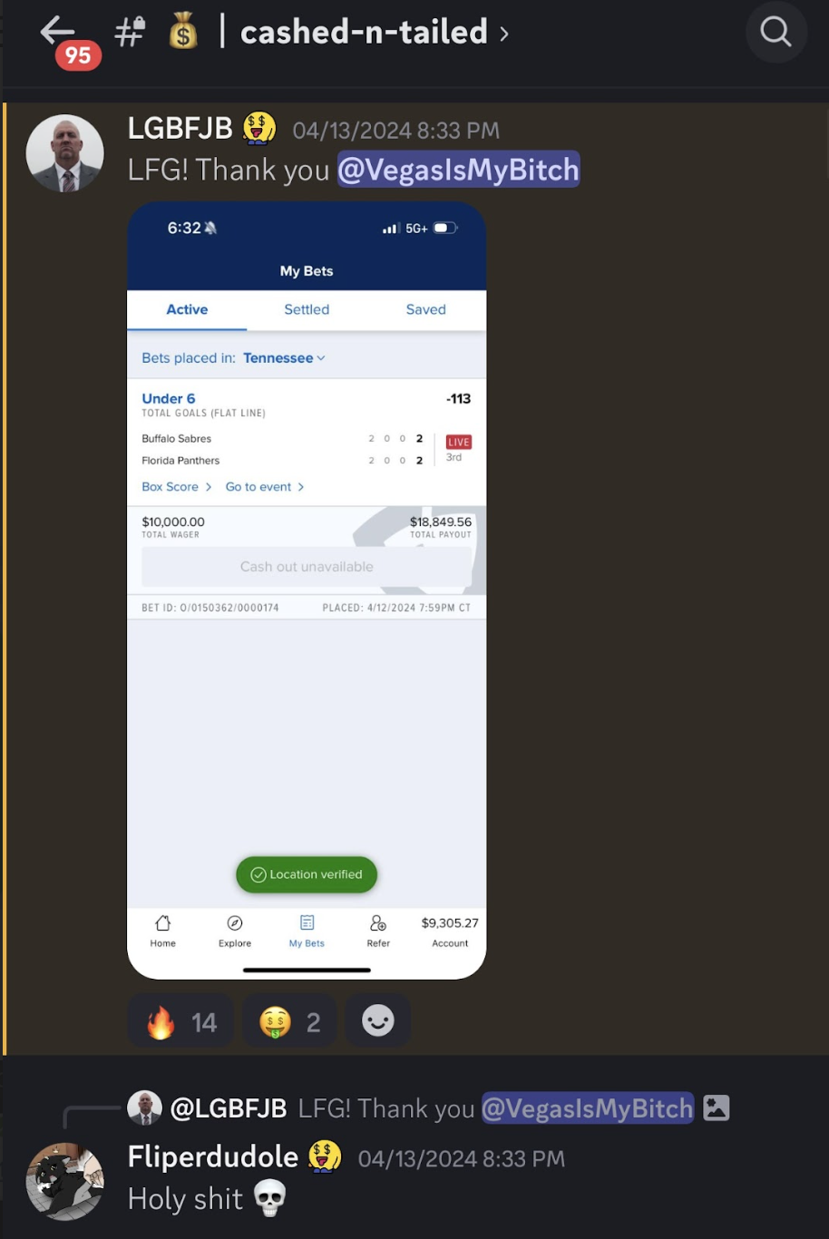 A member's $10,000 wager that returned $18,849.56