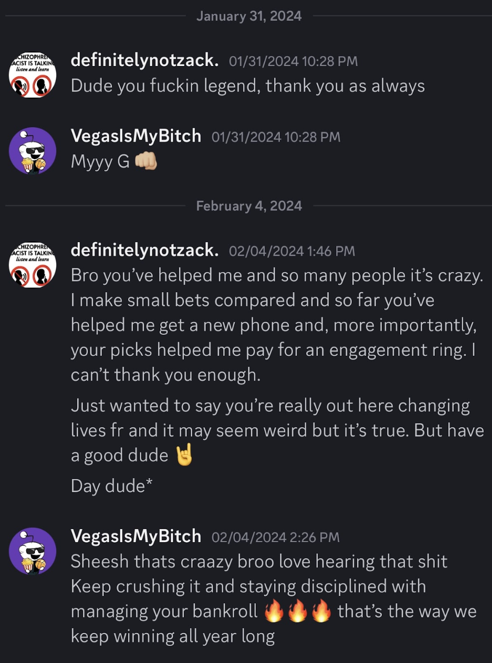 A member message saying the picks helped pay for an engagement ring