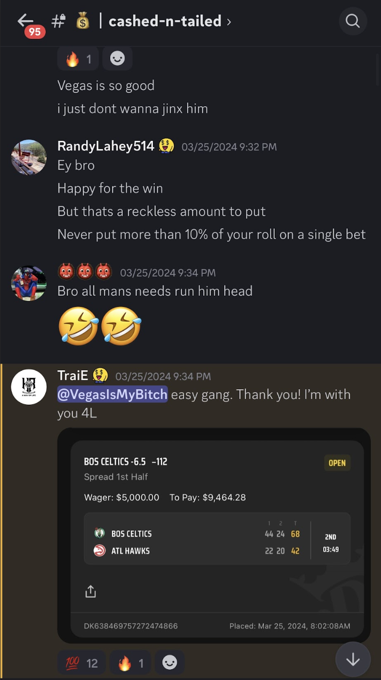 A member's live $5,000 Celtics first-half spread bet