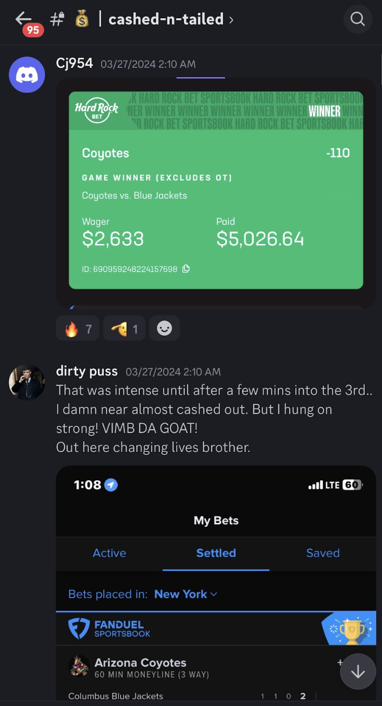 A member's $2,633 Coyotes bet that paid $5,026.64