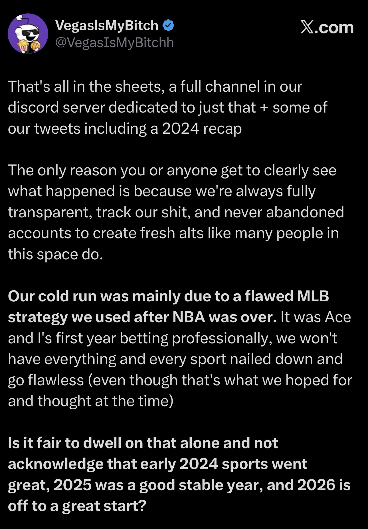 VegasIsMyBitch tweet reply, part 1, addressing losses and transparency