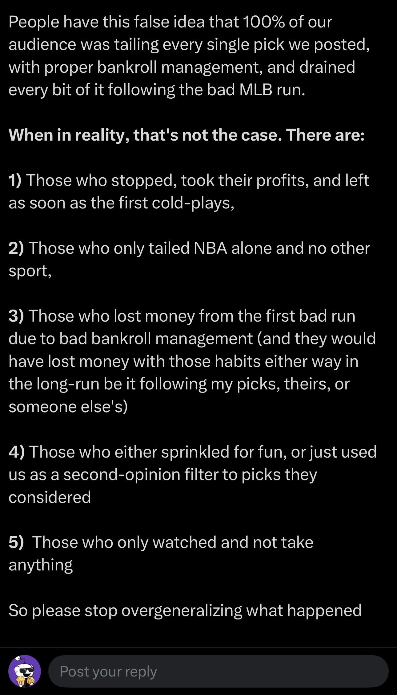VegasIsMyBitch tweet reply, part 2, breaking down the five types of followers