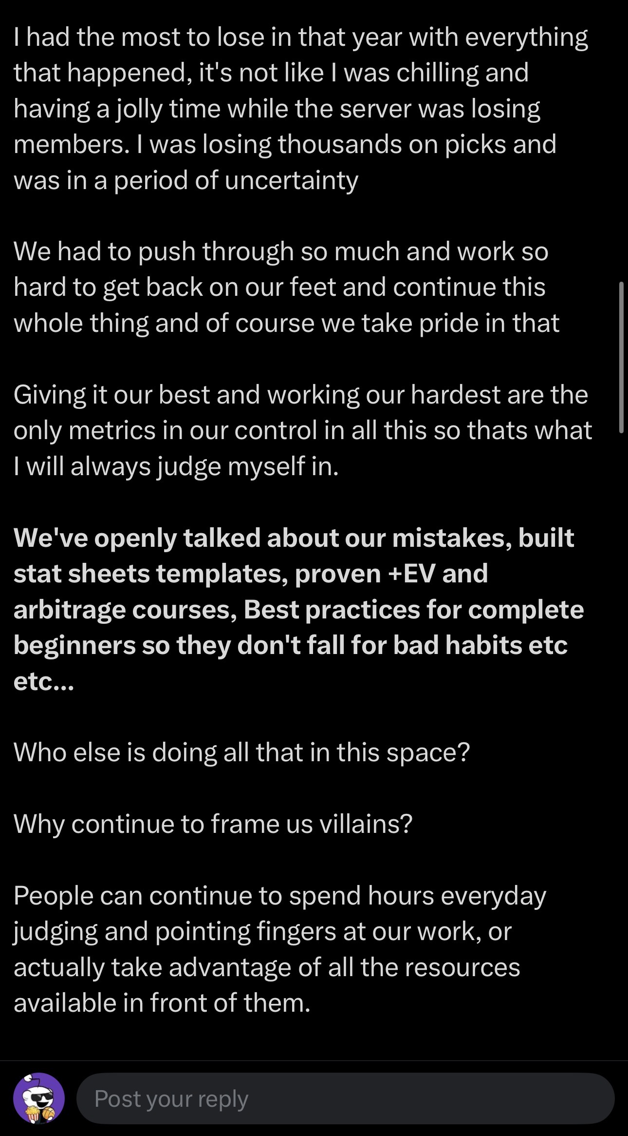 VegasIsMyBitch tweet reply, part 3, on having the most to lose