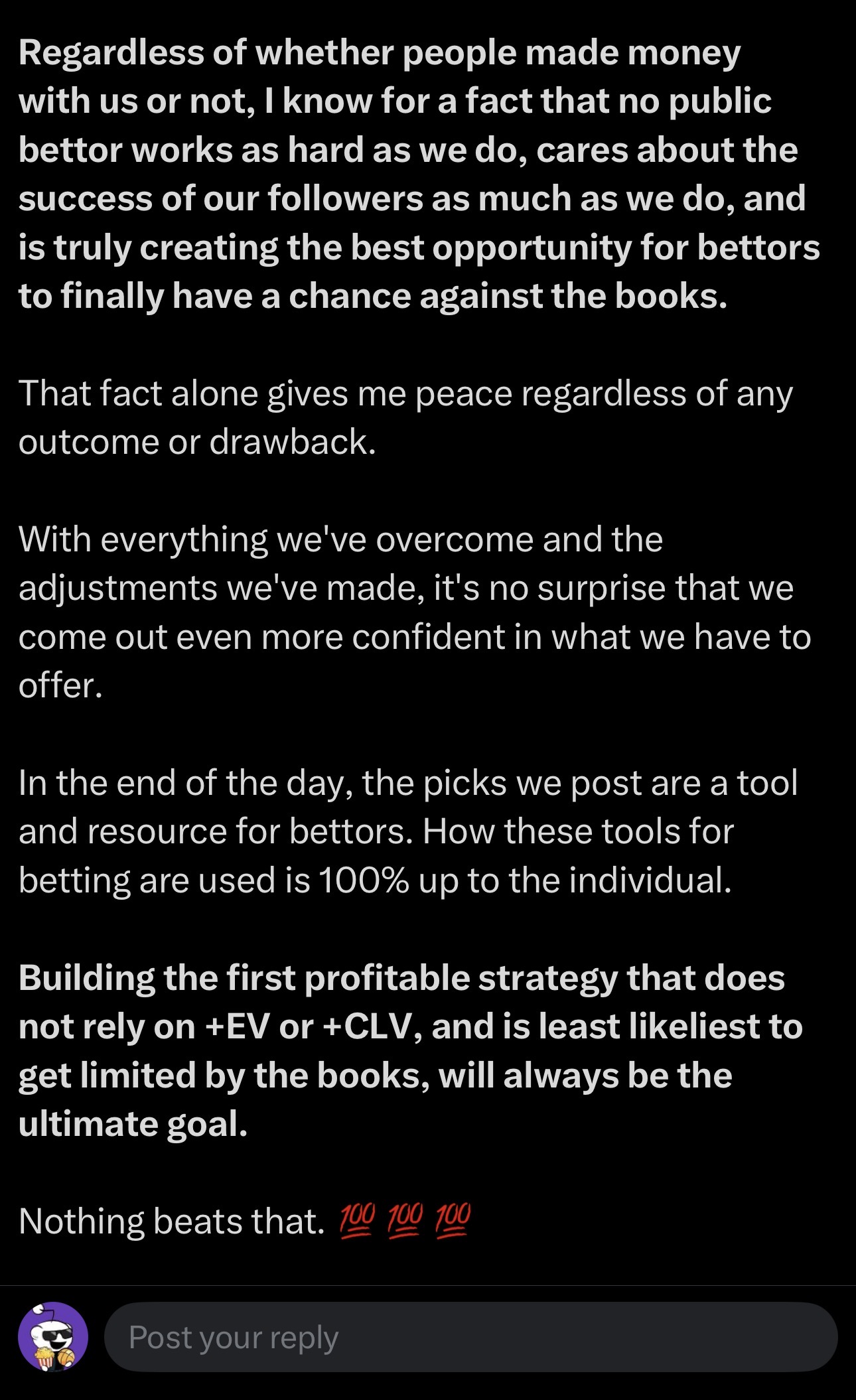 VegasIsMyBitch tweet reply, part 4, closing statement on the ultimate goal